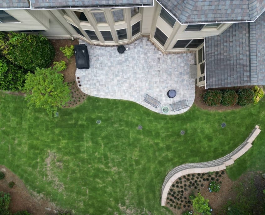 patio and retaining wall with plantings from above